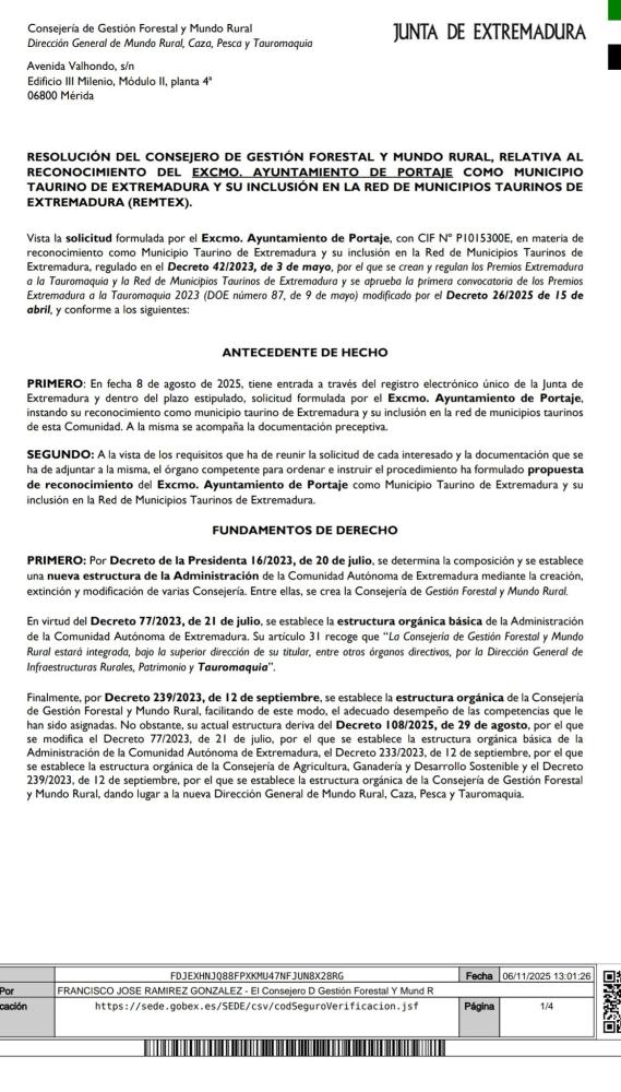 Imagen Reconocimiento MUNICIPIO TAURINO DE EXTREMADURA